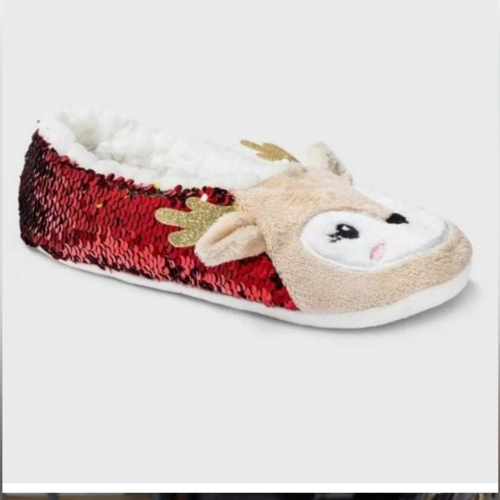 New! Wondershop Christmas Holiday Reindeer Pull-On Sequin Slipper Socks Red/Wht